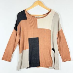 Polagram‎ Brown Beige Colorblock Twee Blocky Pullover Sweater Women's Sz Small